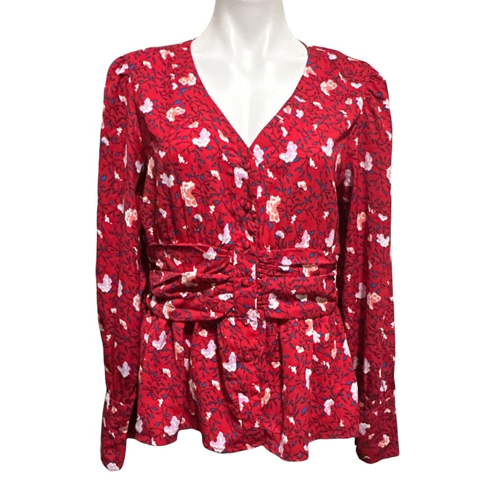 Walter Baker Peplum Blouse Women L Red Floral Ruched Waist Puff Sleeve V-Neck